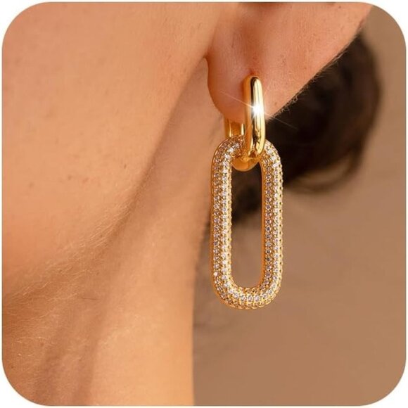 Women's Trendy Simple Dainty 14K Gold Plated Paperclip Square Hoops Earrings - Picture 1 of 7